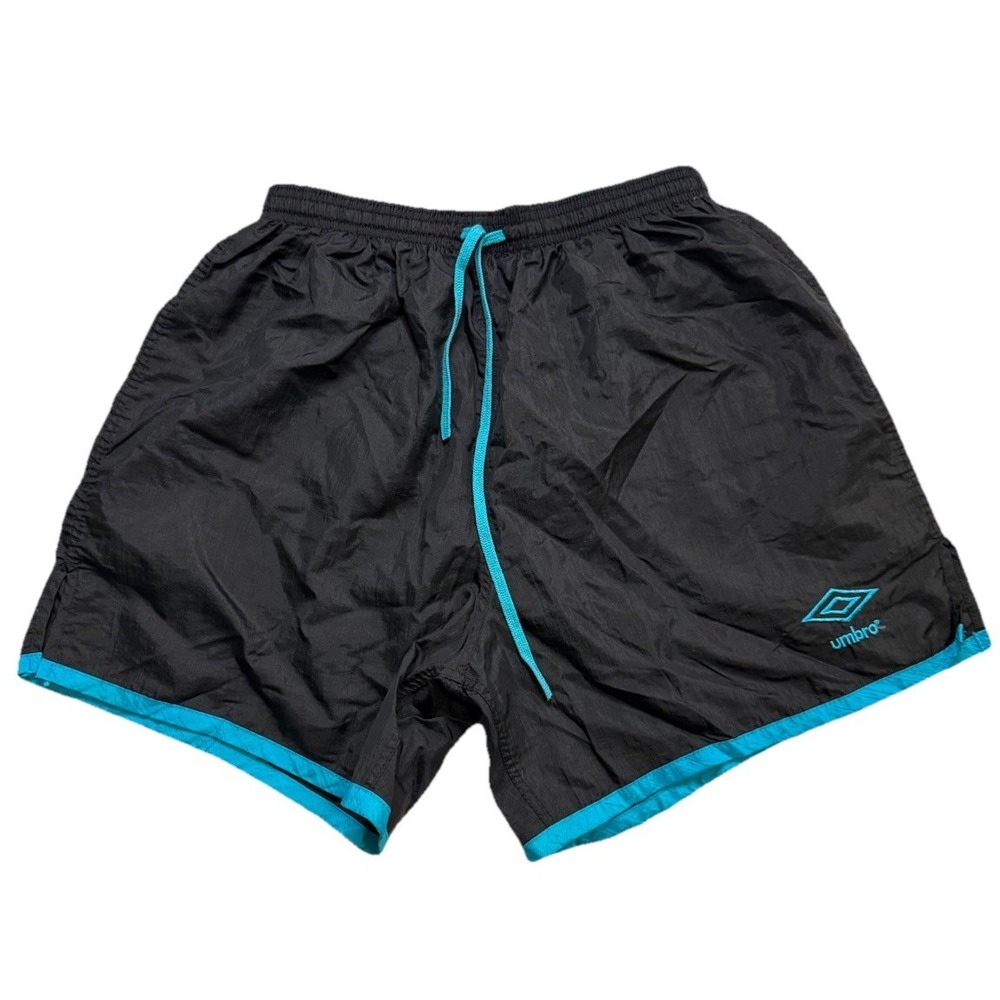 Vintage Umbro Shorts Mens Large Black Teal Nylon Soccer Running Retro USA 90s